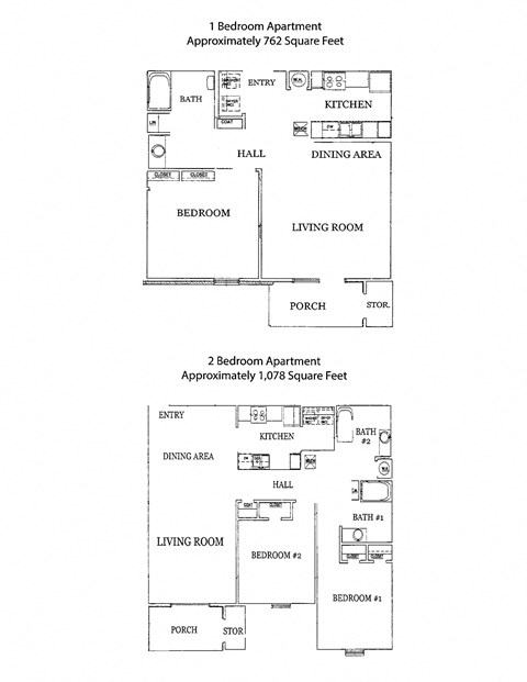 Floor plan for 1 bed, 1 bath, 762 sqft